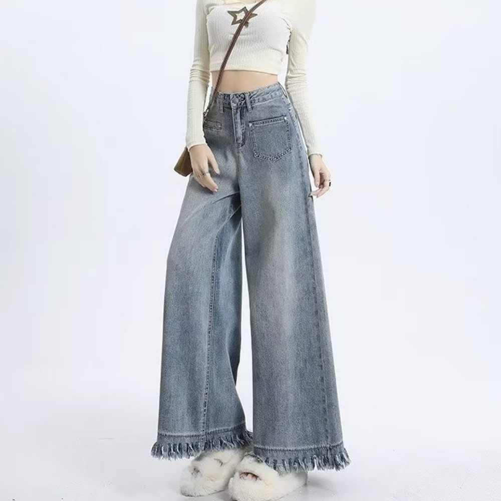 Women's Solid Color Raw Hem Wide Leg Jeans