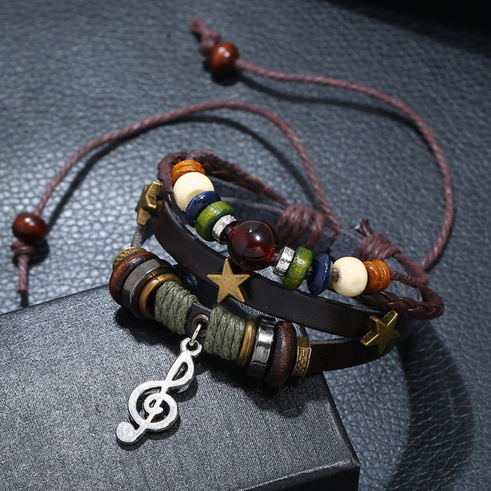 Punk Note Beaded Leather Bracelet