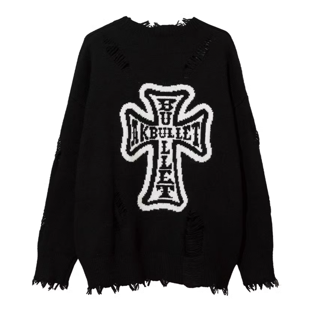 Ripped Cross Lettering Knit Sweater
