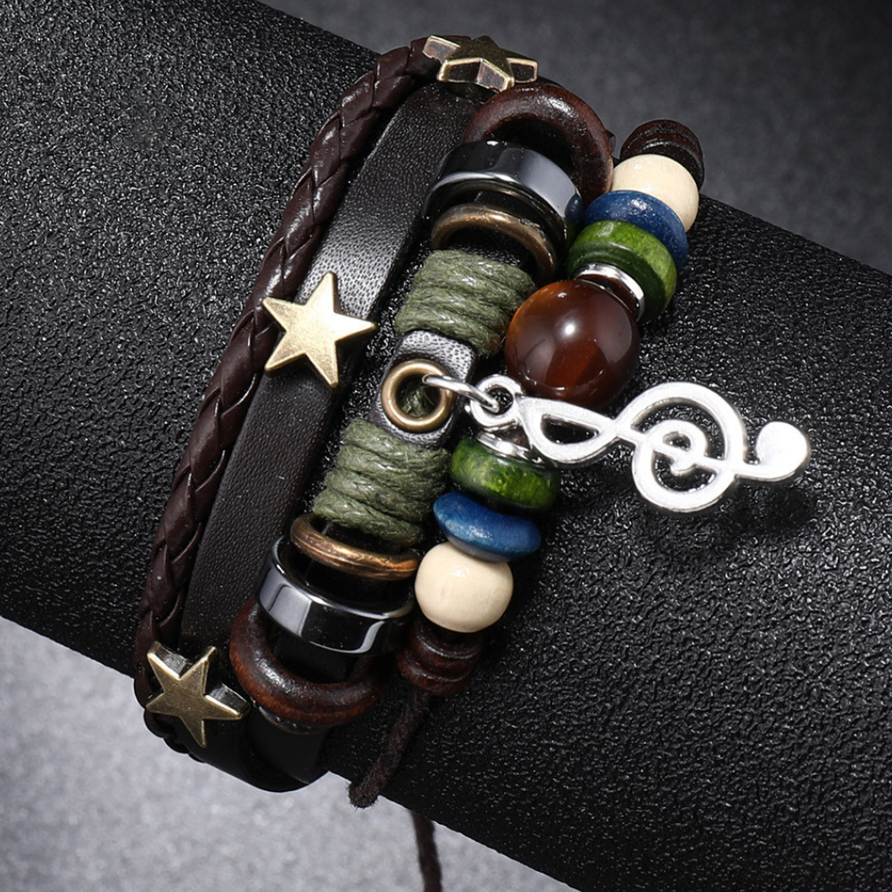 Punk Note Beaded Leather Bracelet