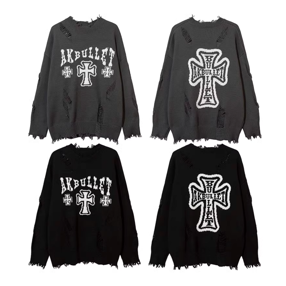 Ripped Cross Lettering Knit Sweater