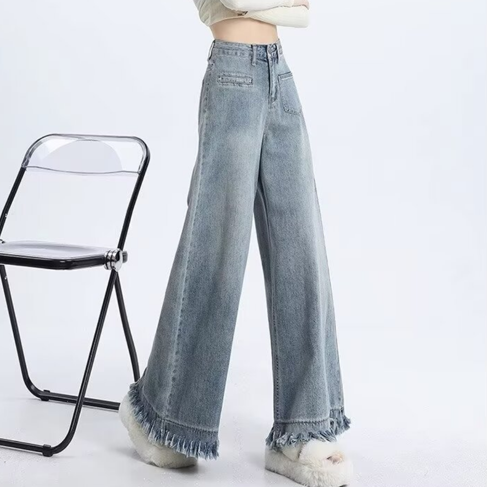 Women's Solid Color Raw Hem Wide Leg Jeans