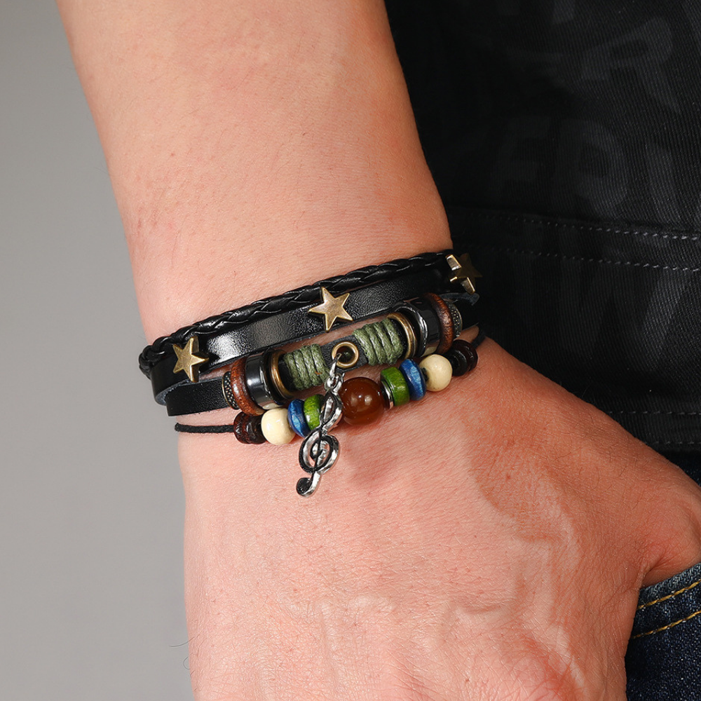 Punk Note Beaded Leather Bracelet