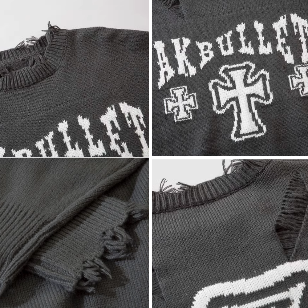 Ripped Cross Lettering Knit Sweater