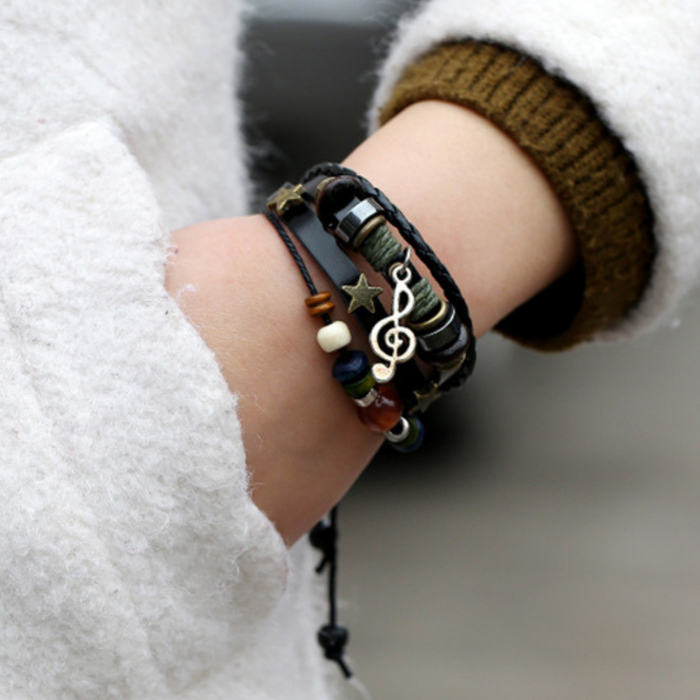 Punk Note Beaded Leather Bracelet