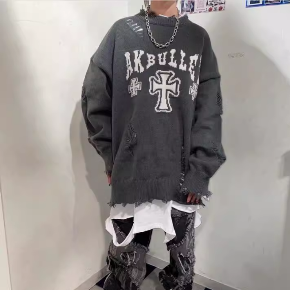 Ripped Cross Lettering Knit Sweater