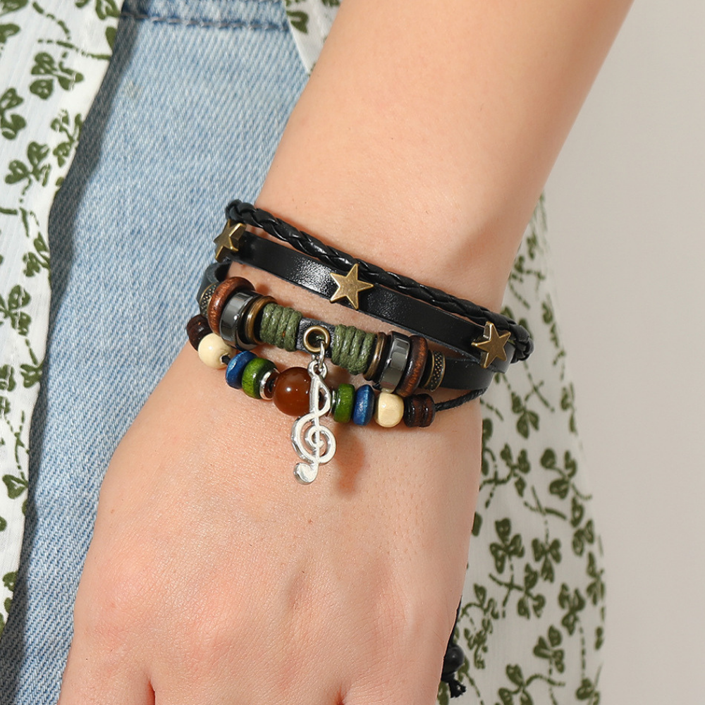 Punk Note Beaded Leather Bracelet
