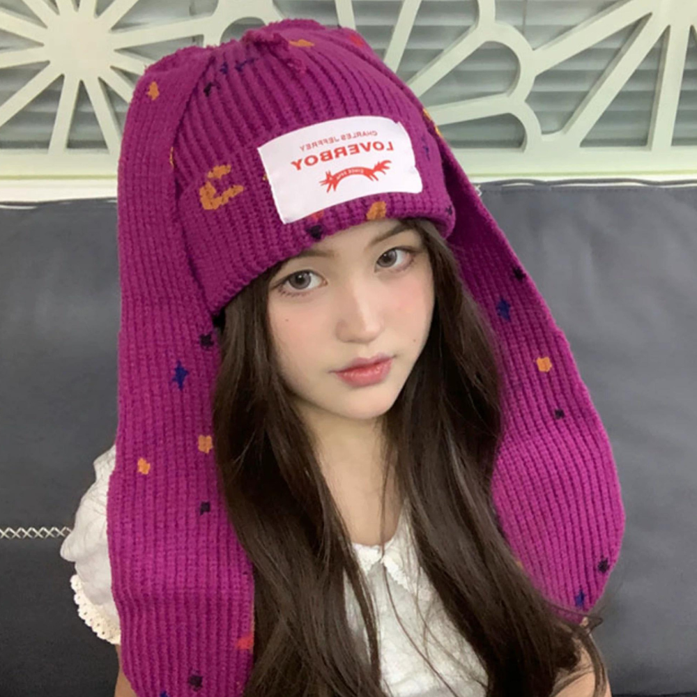 Upgraded Graffiti Wool Hat Rabbit Ears Knitted Hat