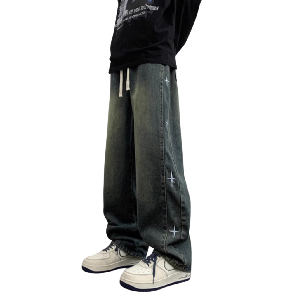 Distressed Side Star Embroidery Jeans