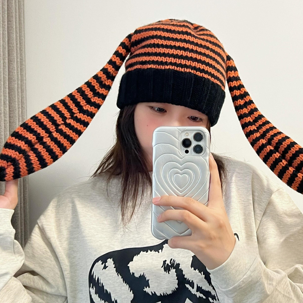 Street Black and White Striped Long Ear Knitted Hat
