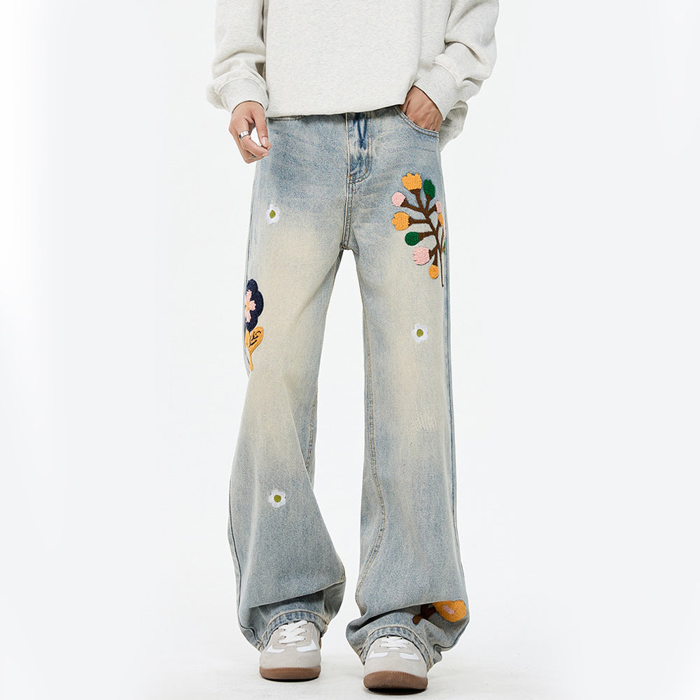 Design Flower Flocked Distressed Jeans