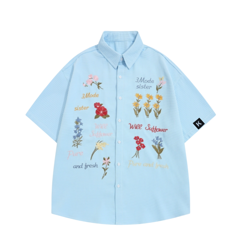 Retro Waffle Colored Floral Embroidered Shirt