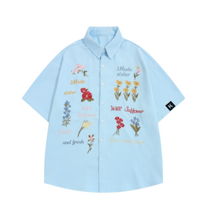 Retro Waffle Colored Floral Embroidered Shirt