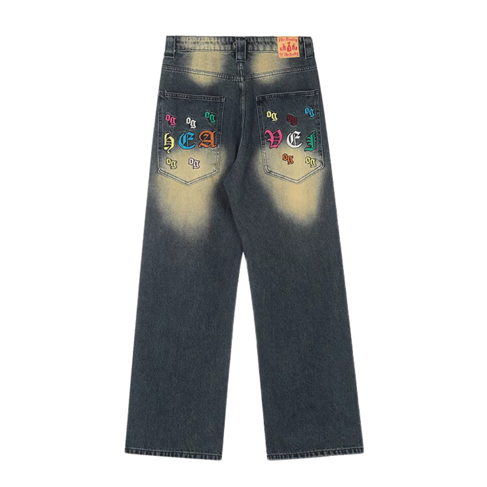 Distressed 3D Embroidered Whisker Jeans