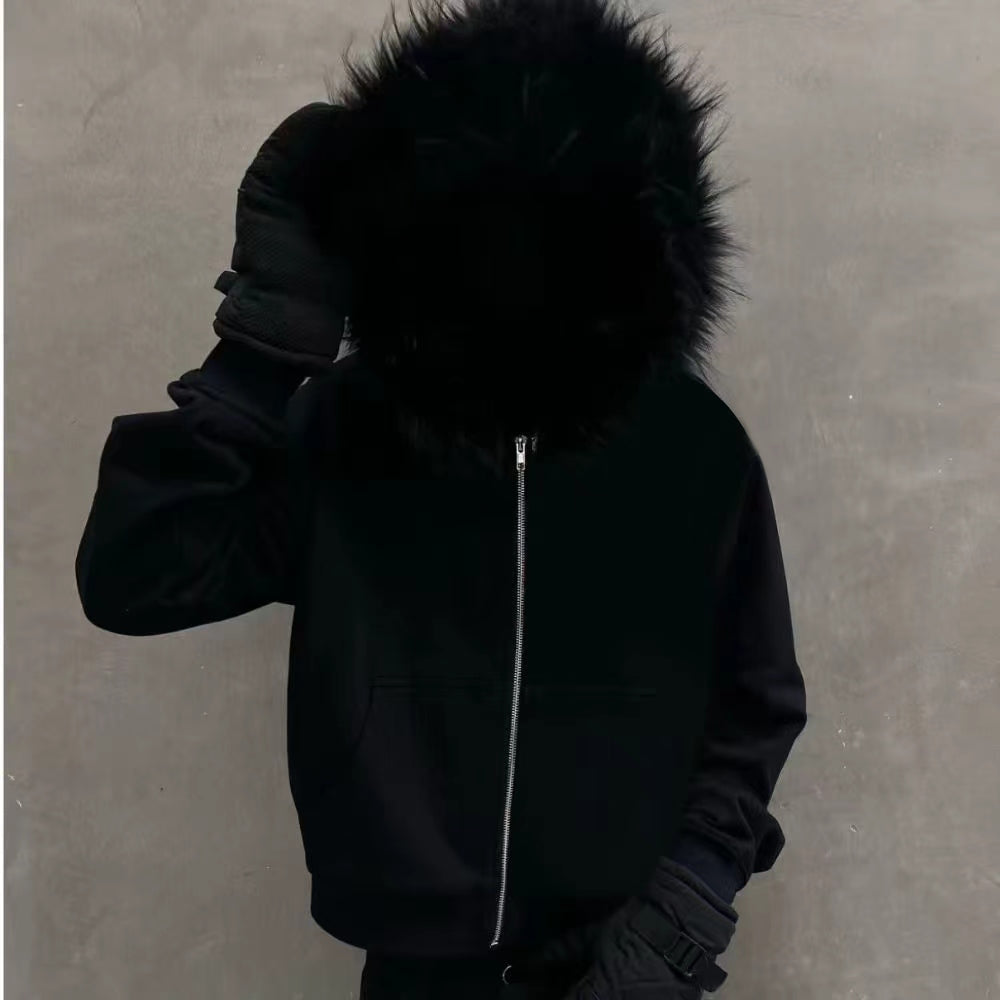 Unseen Echoes Noir Fur Zip Hoodie