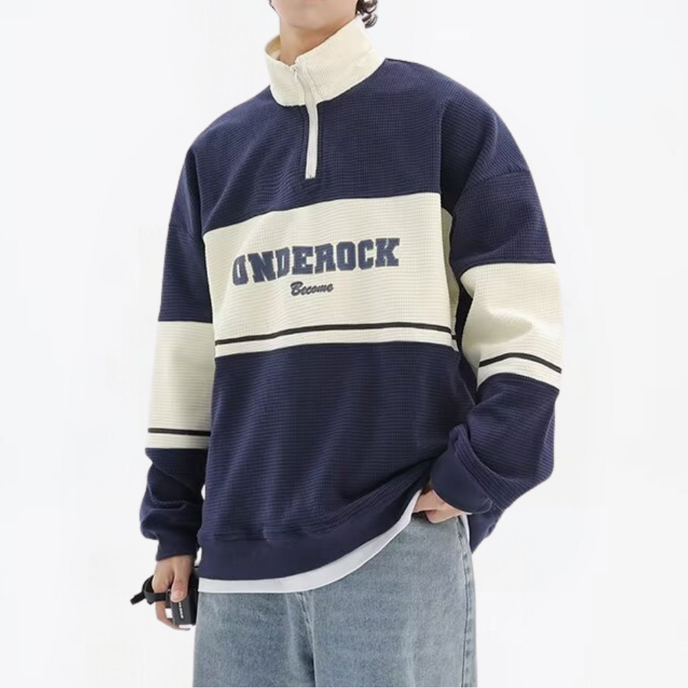 Waffle Stand Collar Zipper Sweatshirt