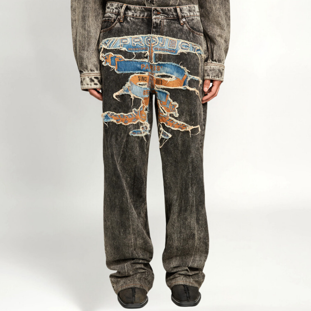 DF |Trendy Washed Patch Embroidered Jeans