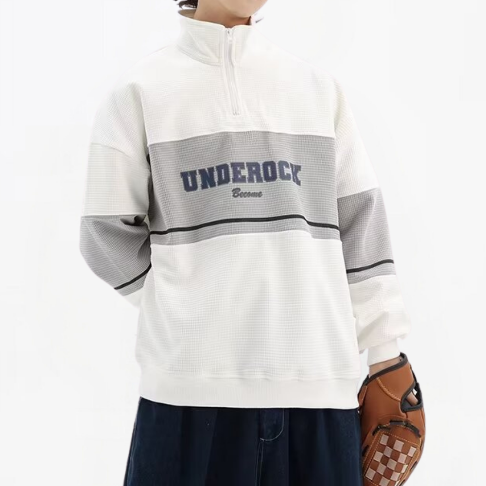 Waffle Stand Collar Zipper Sweatshirt