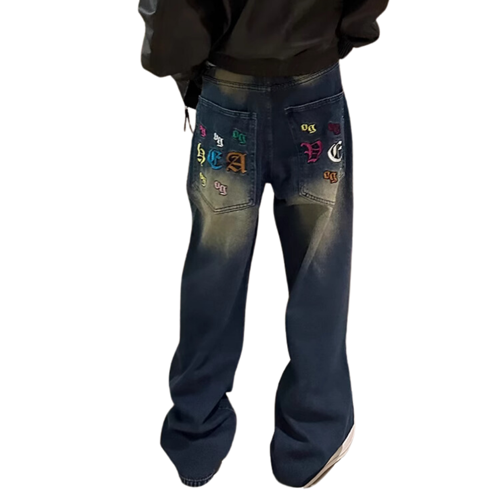 Distressed 3D Embroidered Whisker Jeans