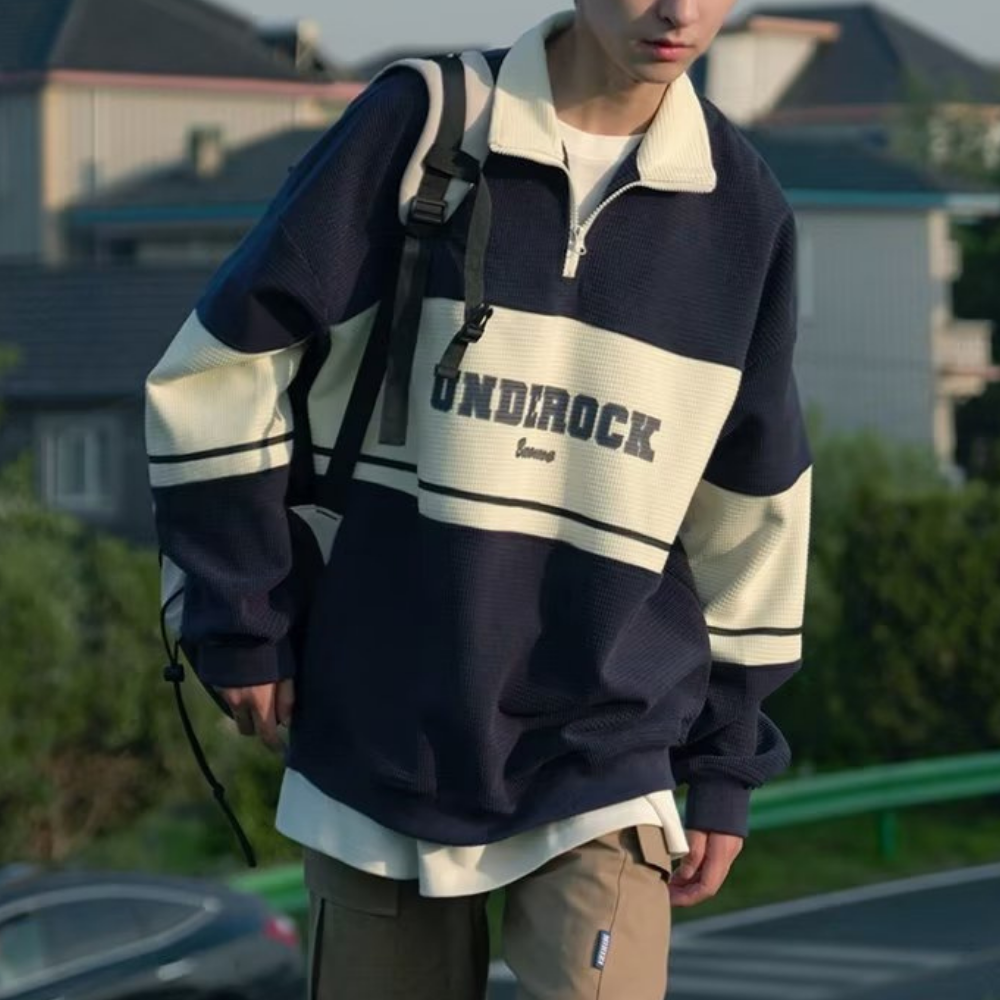 Waffle Stand Collar Zipper Sweatshirt