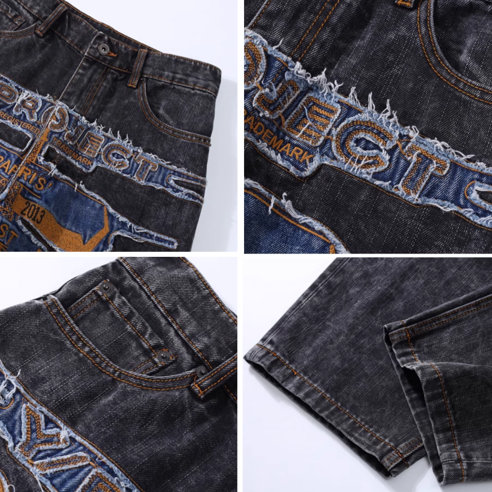 DF |Trendy Washed Patch Embroidered Jeans