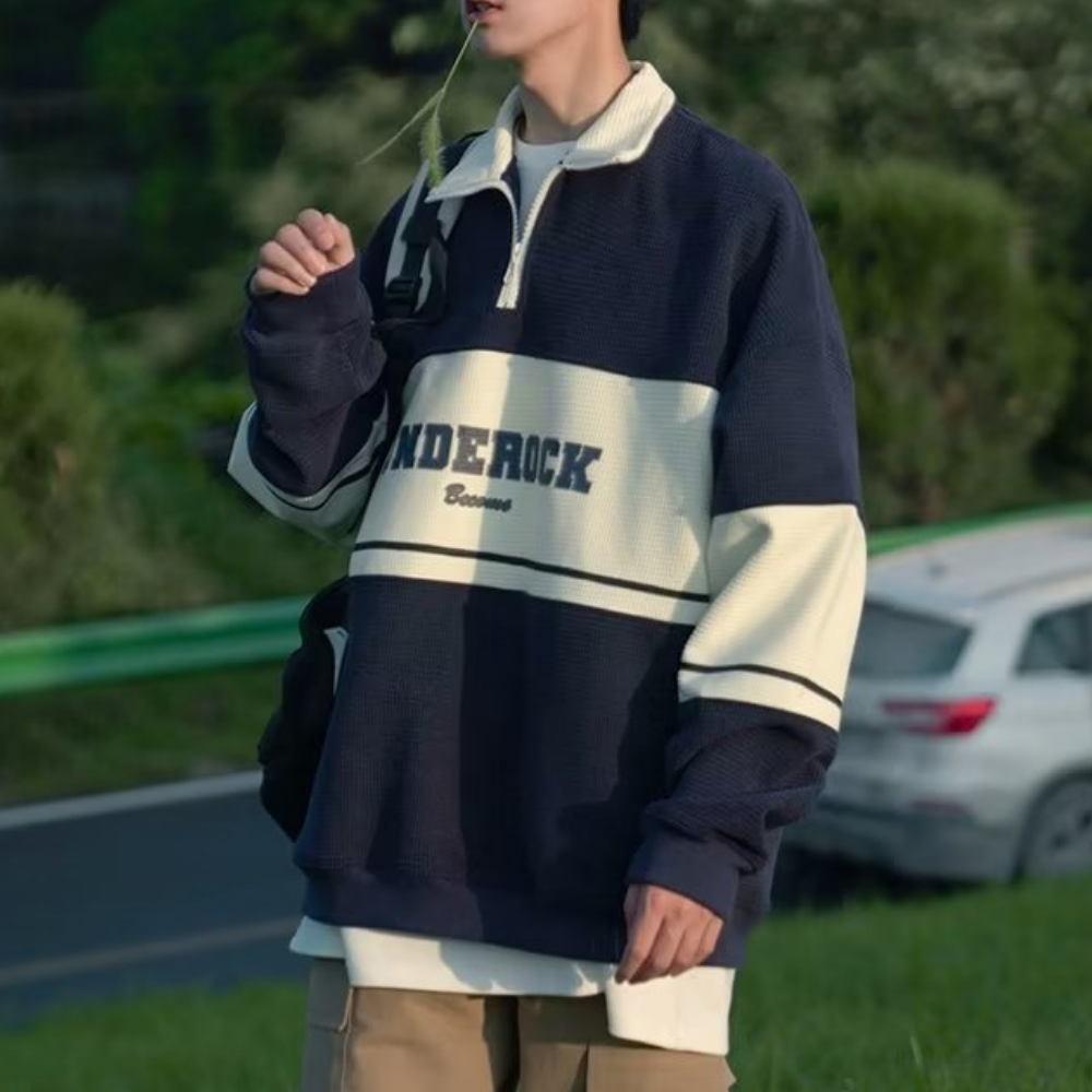 Waffle Stand Collar Zipper Sweatshirt