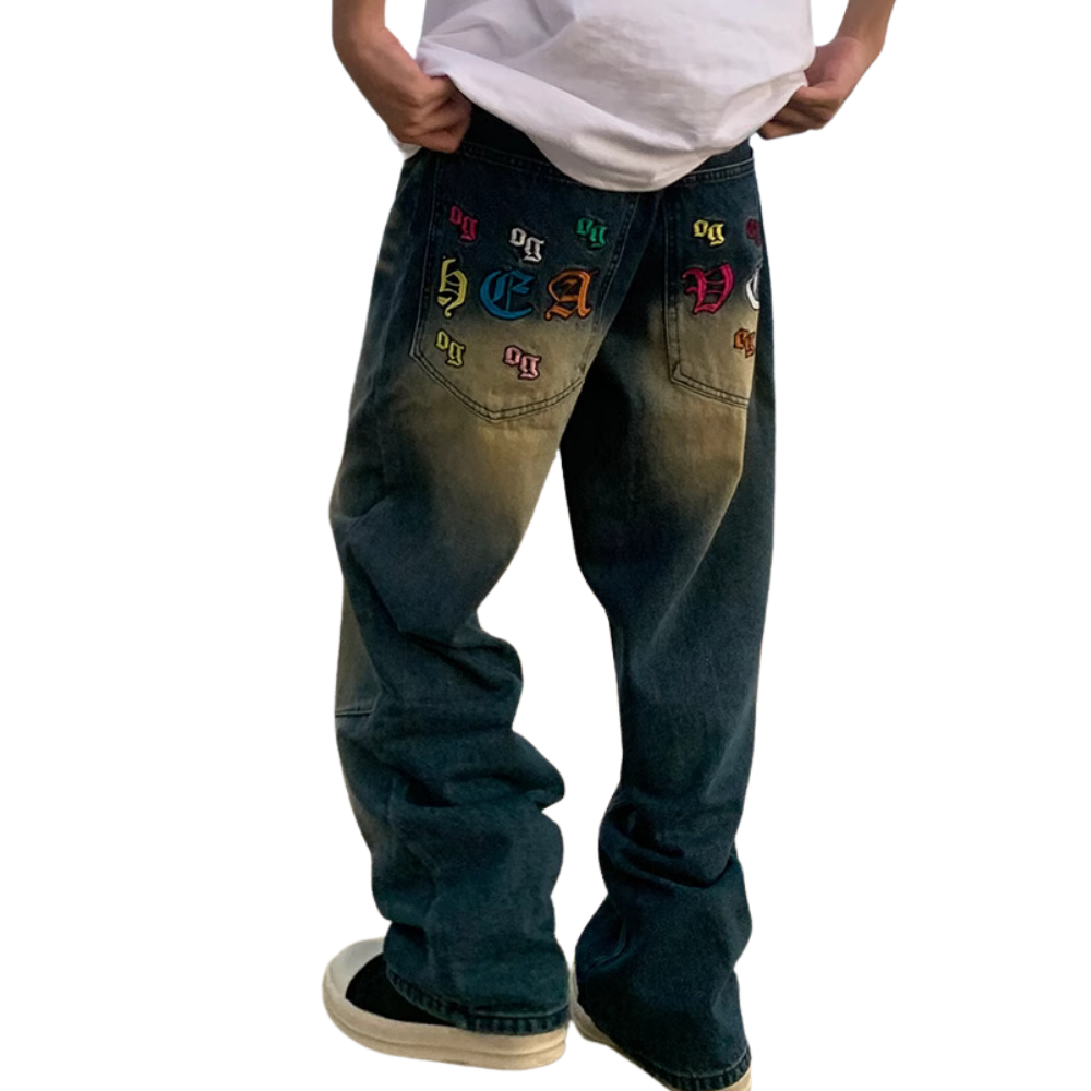 Distressed 3D Embroidered Whisker Jeans