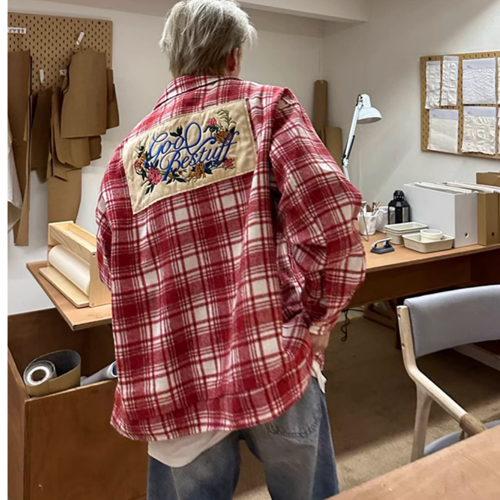 Rose Patch Embroidered Plaid Shirt