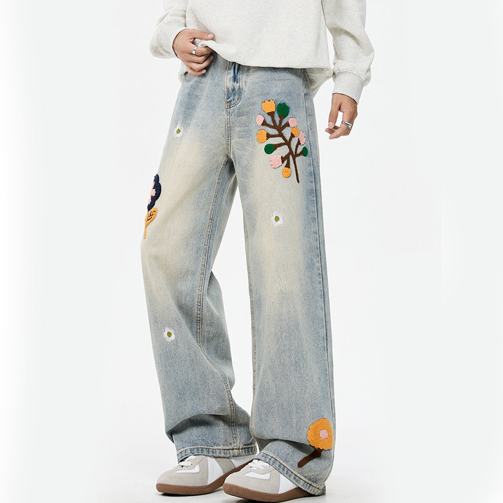 Design Flower Flocked Distressed Jeans