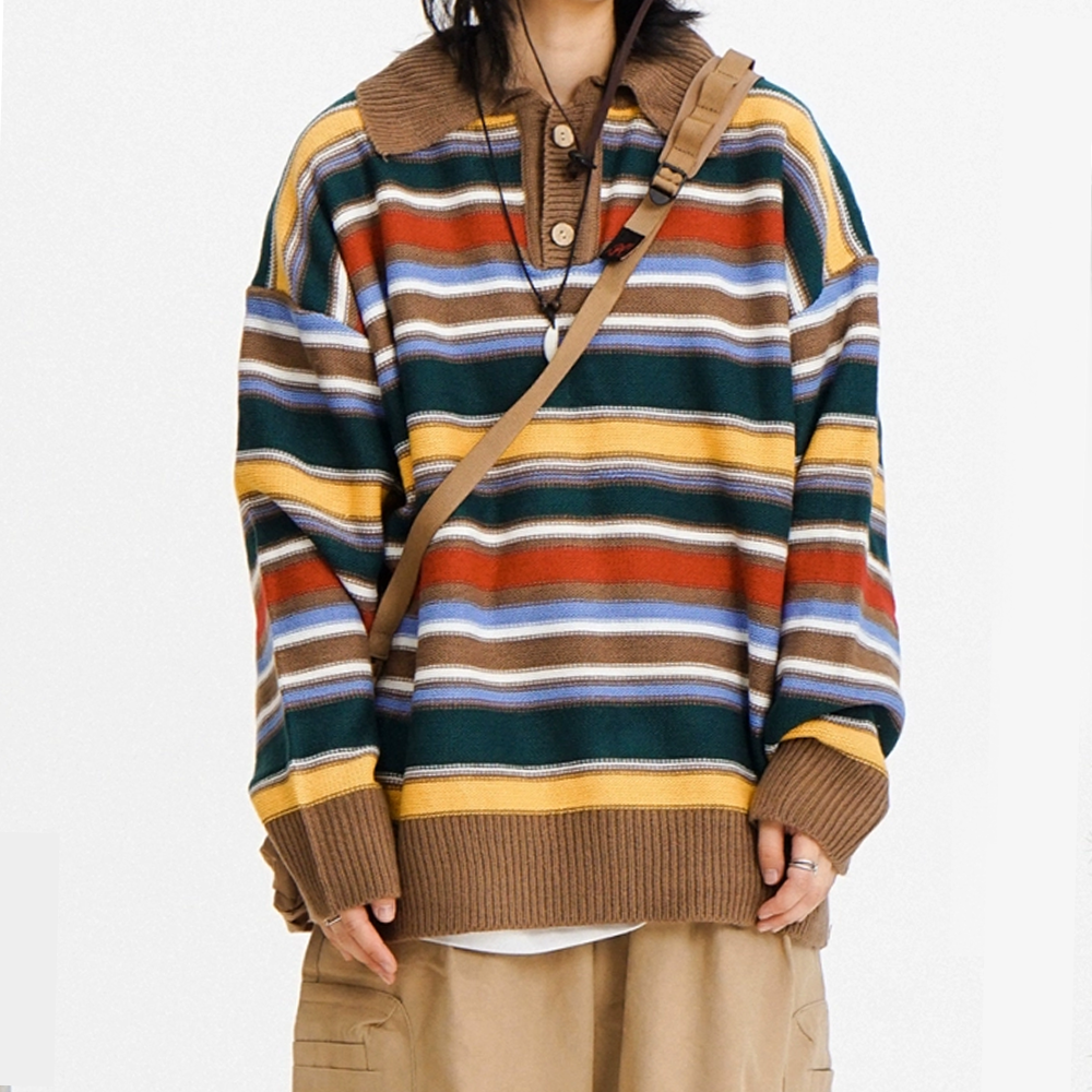 Vintage Colorful Striped Polo Sweater