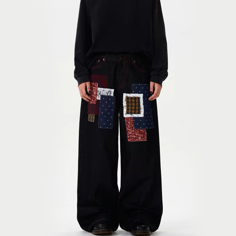 Plaid Patchwork Design Retro Jeans