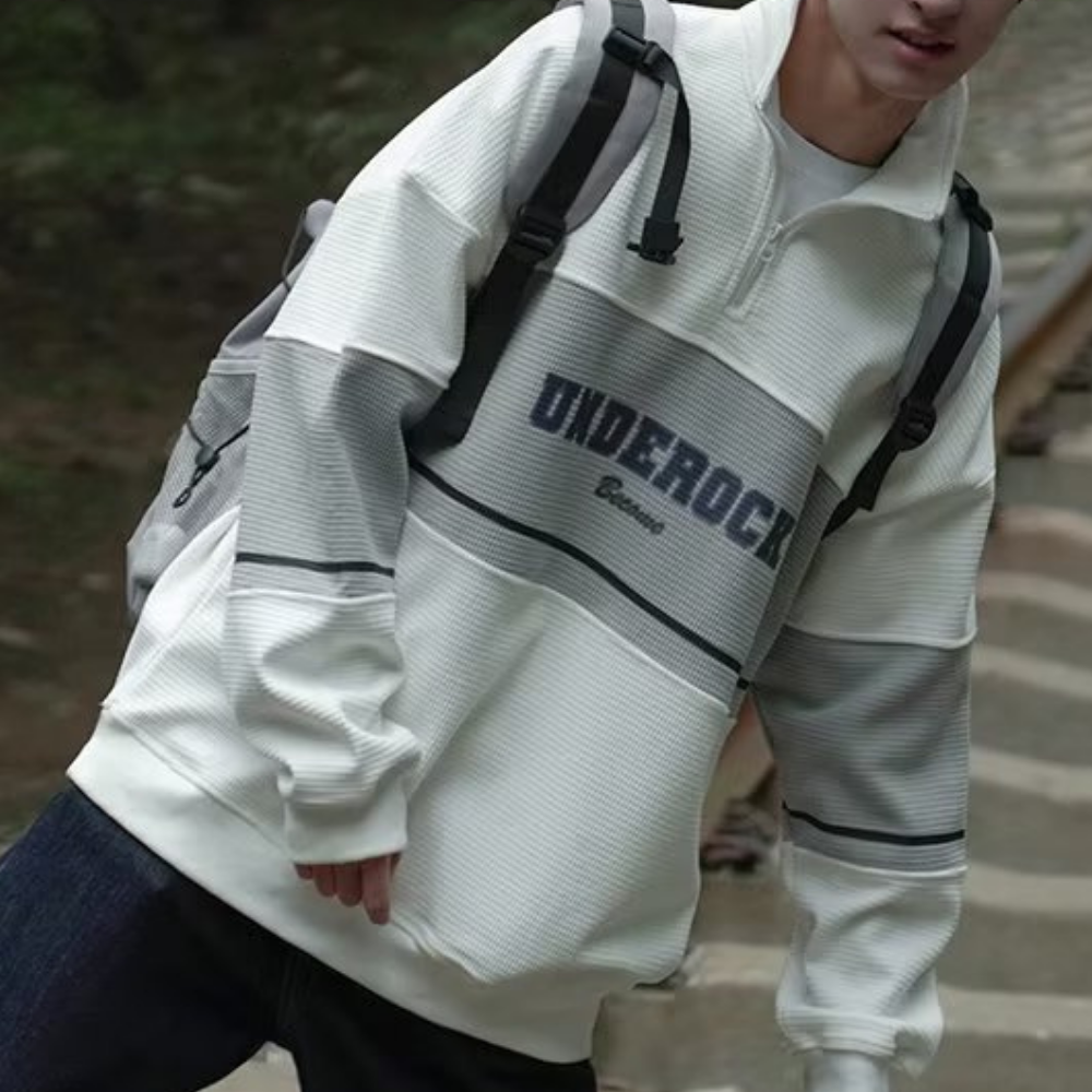 Waffle Stand Collar Zipper Sweatshirt