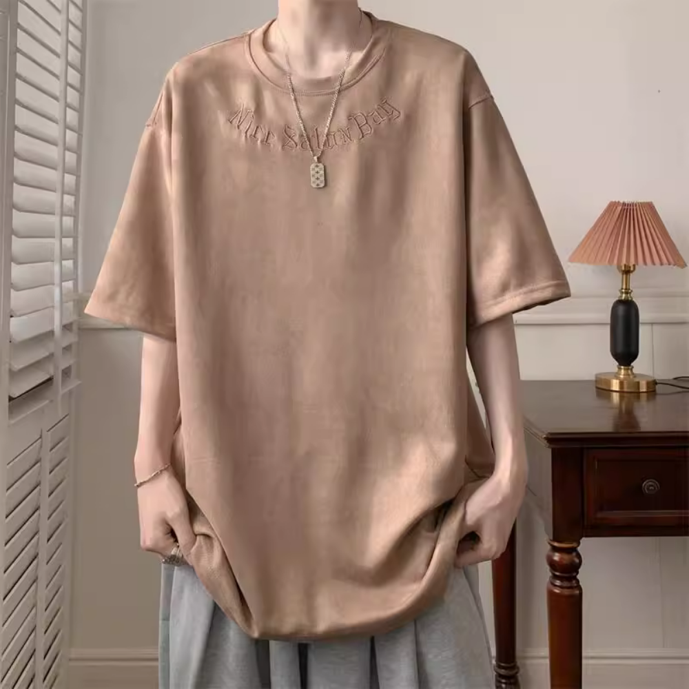 Suede Embroidered Letter T-Shirt