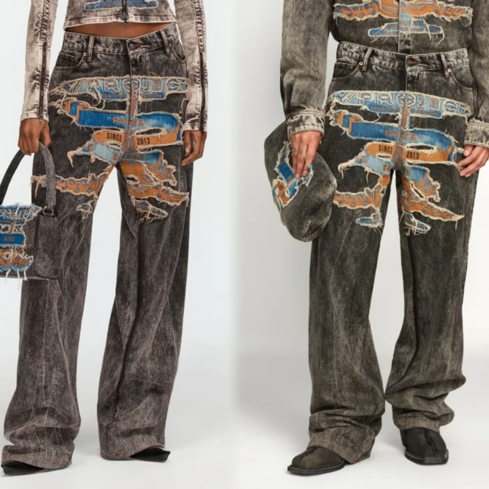DF |Trendy Washed Patch Embroidered Jeans