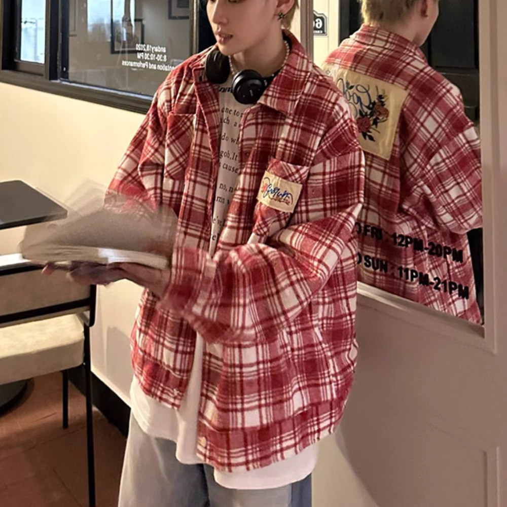 Rose Patch Embroidered Plaid Shirt