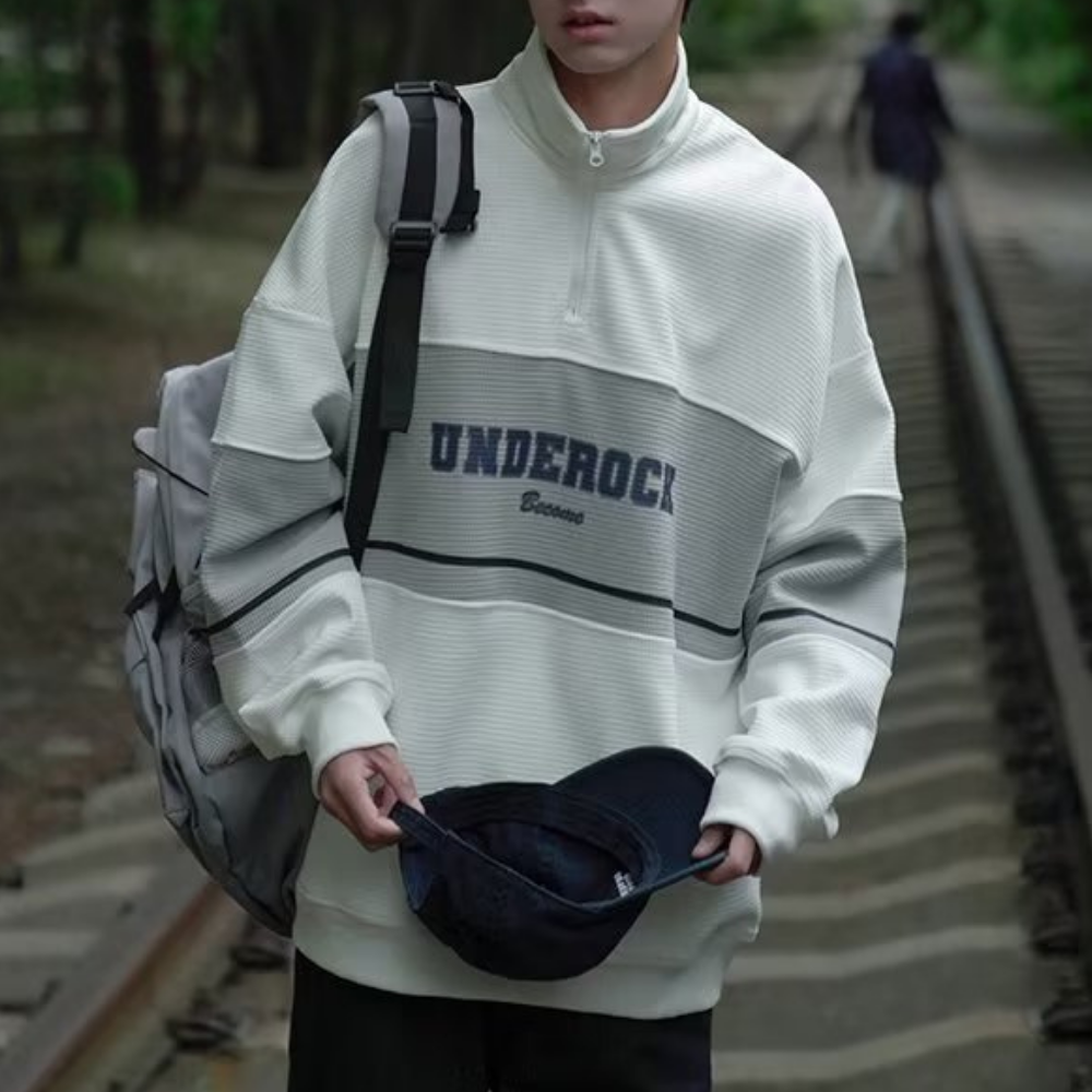 Waffle Stand Collar Zipper Sweatshirt