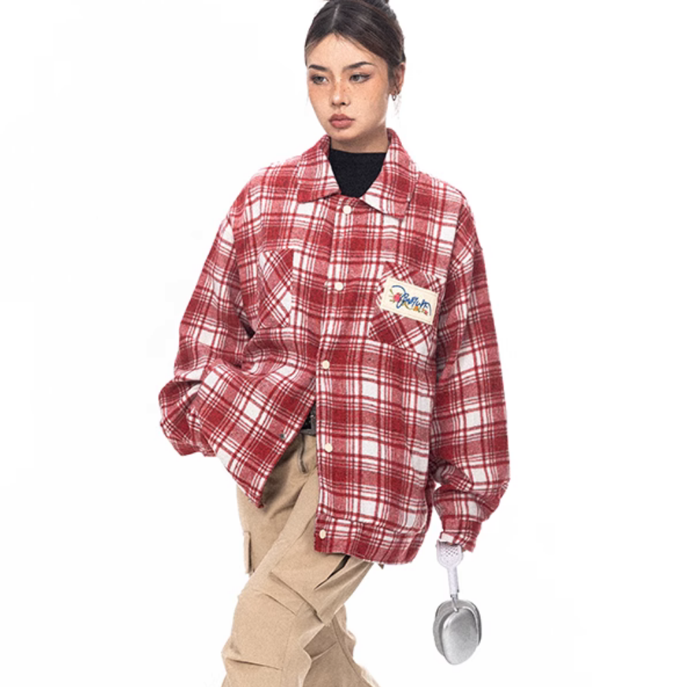 Rose Patch Embroidered Plaid Shirt