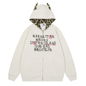 Designer Ear Leopard Print Zip Hoodie