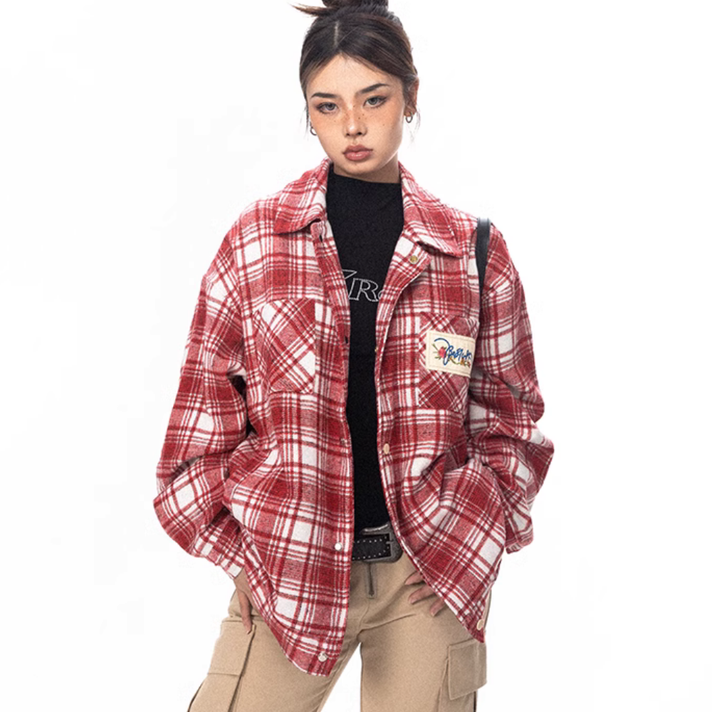 Rose Patch Embroidered Plaid Shirt