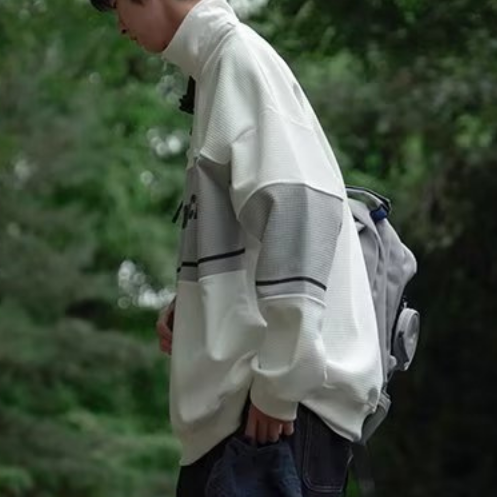 Waffle Stand Collar Zipper Sweatshirt