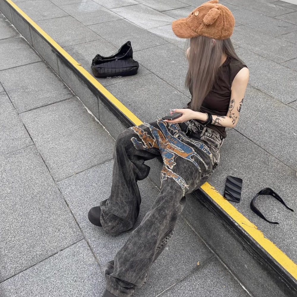 DF |Trendy Washed Patch Embroidered Jeans