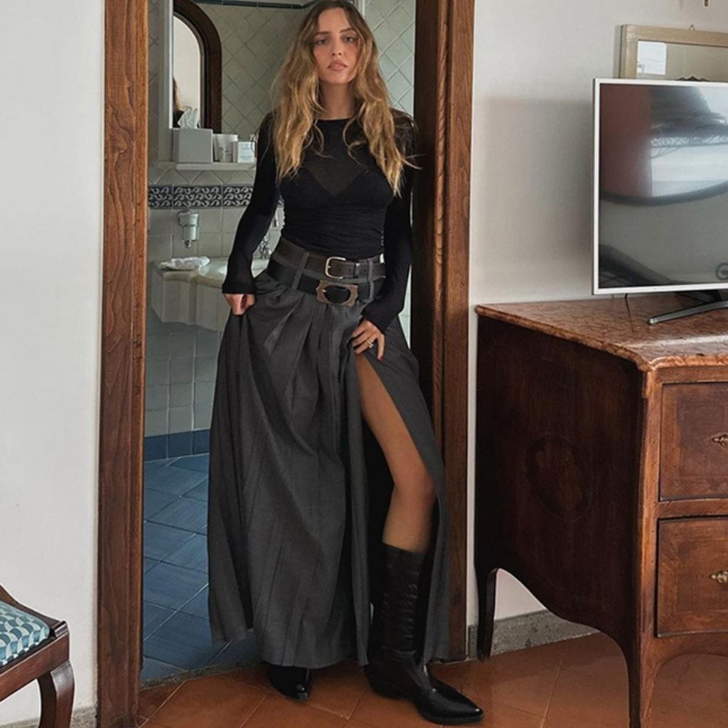 Pleated Split Maxi Skirt