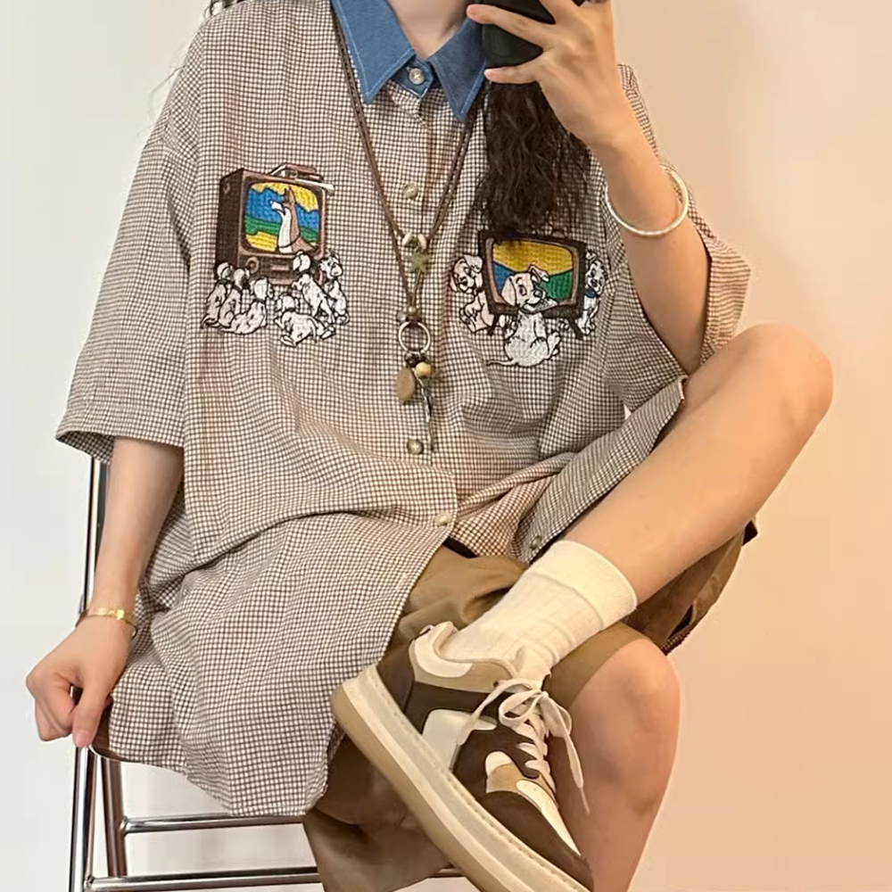 Retro Denim Collar Embroidered Shirt