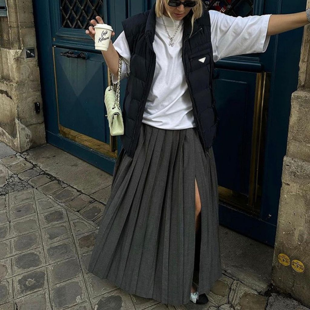 Pleated Split Maxi Skirt