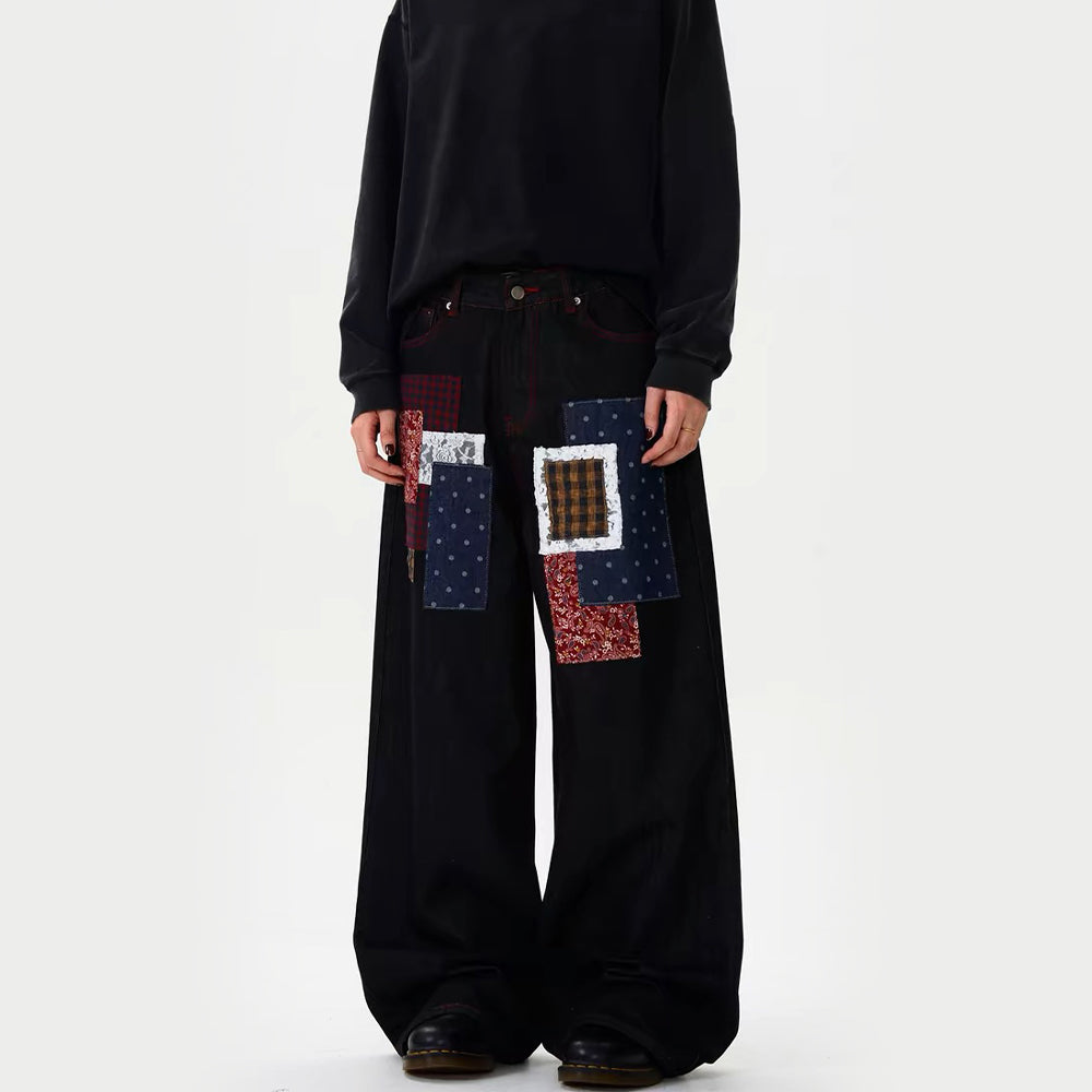 Plaid Patchwork Design Retro Jeans