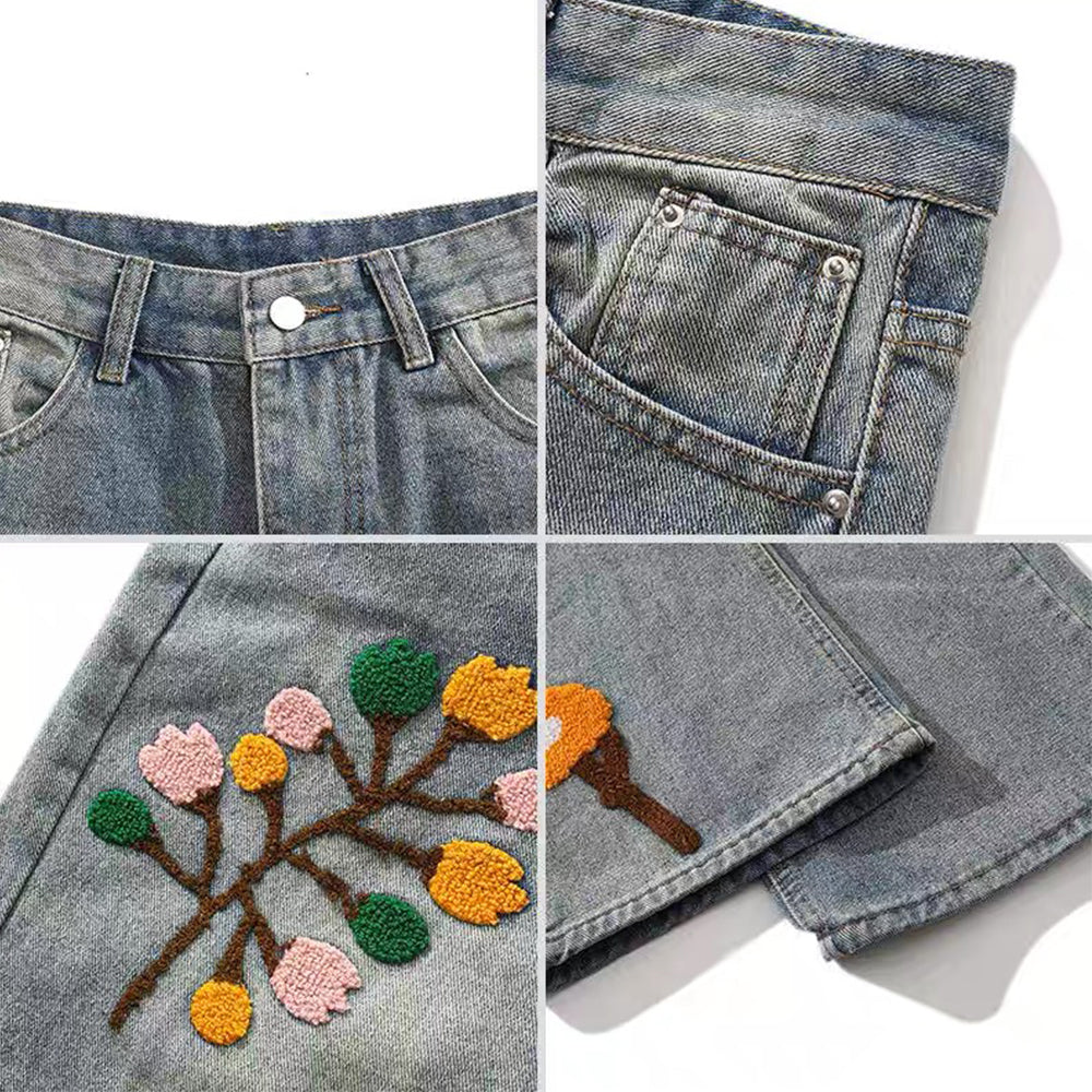 Design Flower Flocked Distressed Jeans