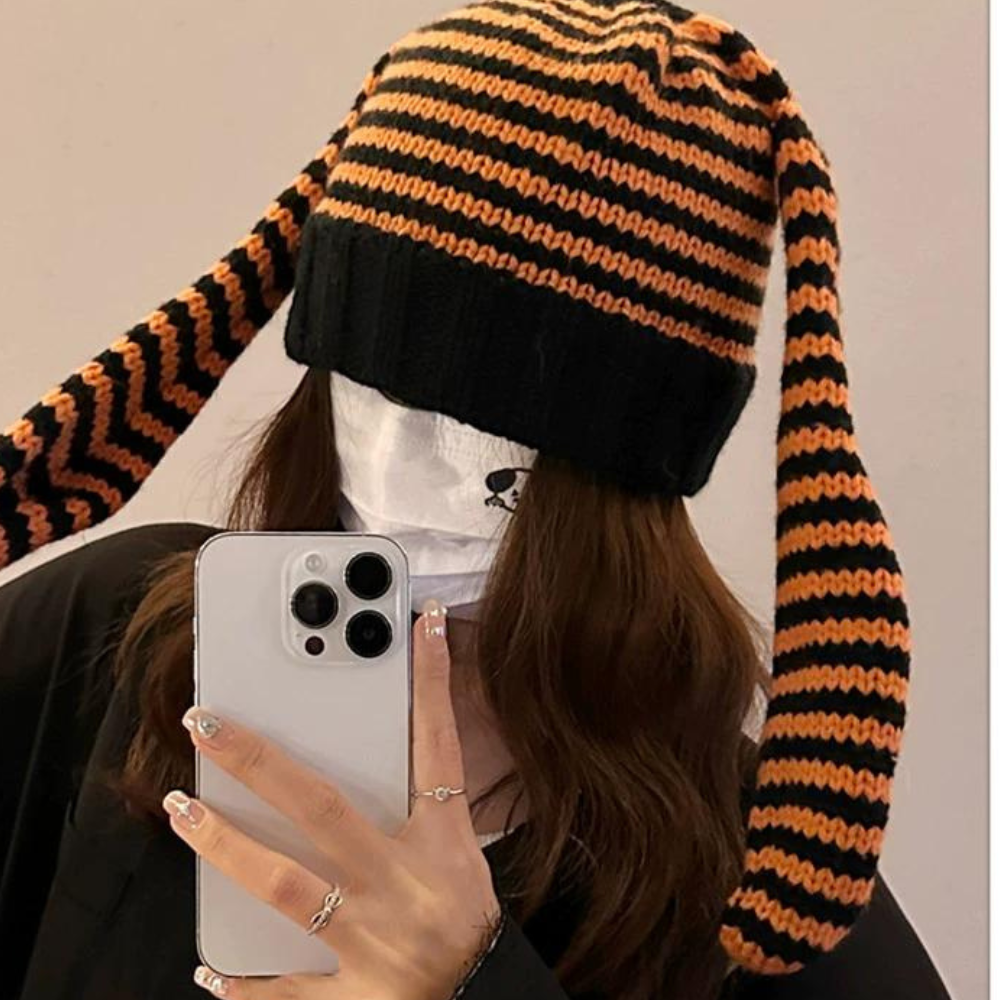 Street Black and White Striped Long Ear Knitted Hat