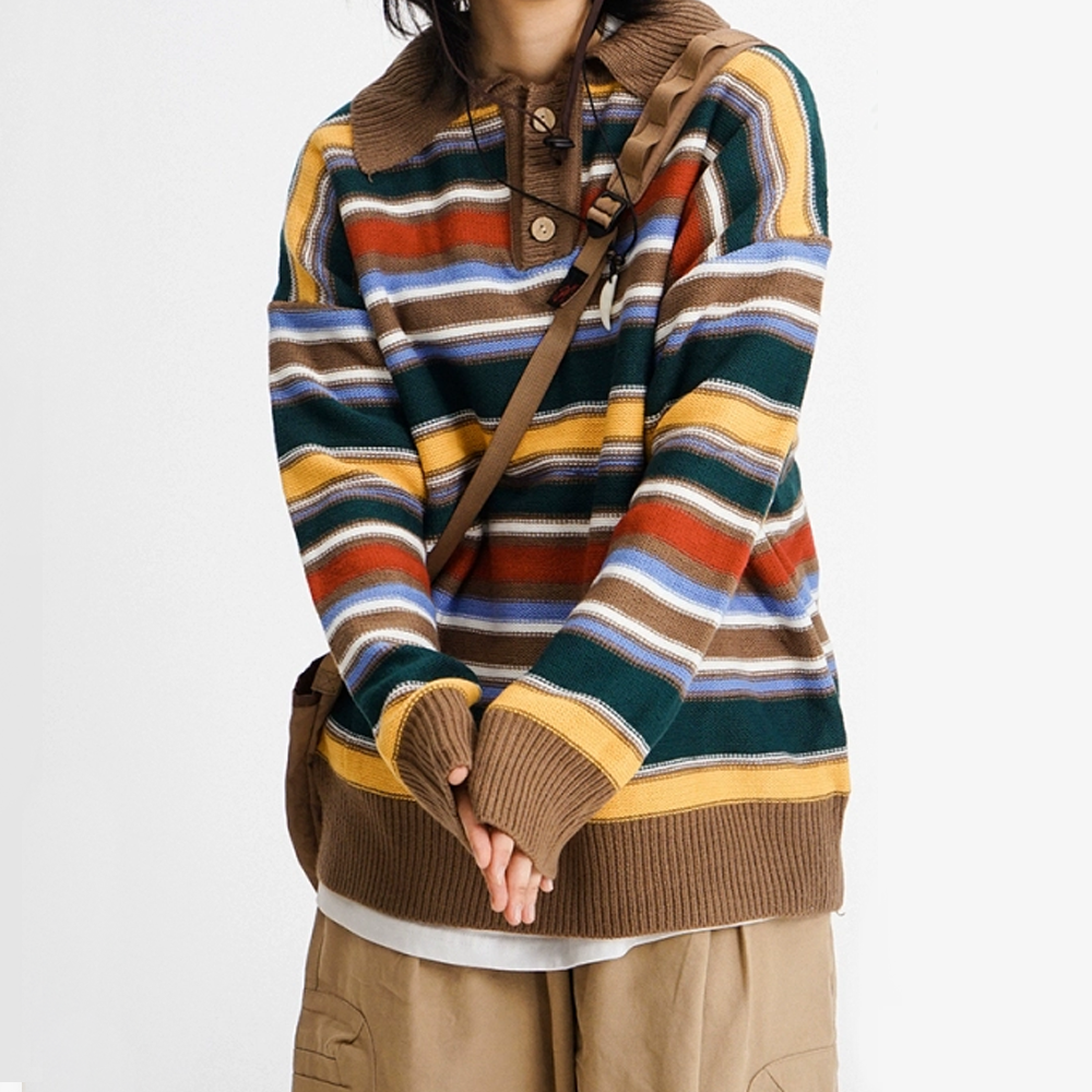 Vintage Colorful Striped Polo Sweater
