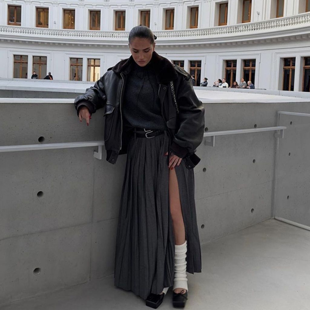 Pleated Split Maxi Skirt