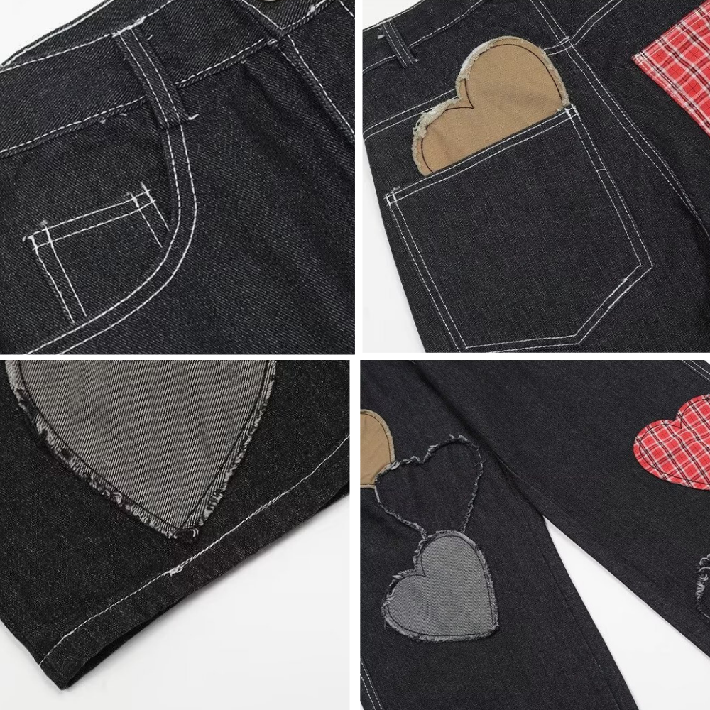 DF| Plaid Heart Patch Jeans